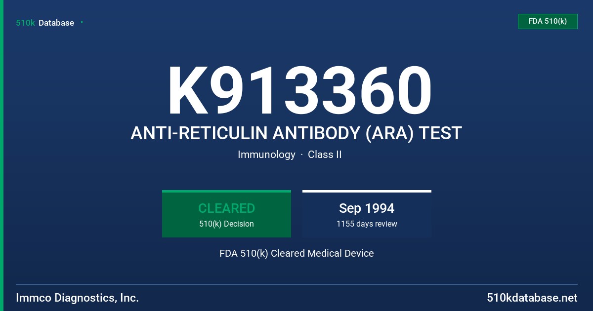 K913360 ANTI-RETICULIN ANTIBODY (ARA) TEST FDA 510(k) Cleared Medical Device