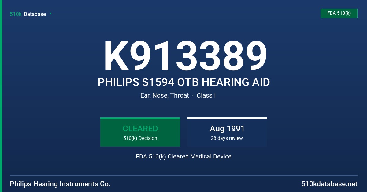 K913389 PHILIPS S1594 OTB HEARING AID FDA 510(k) Cleared Medical Device