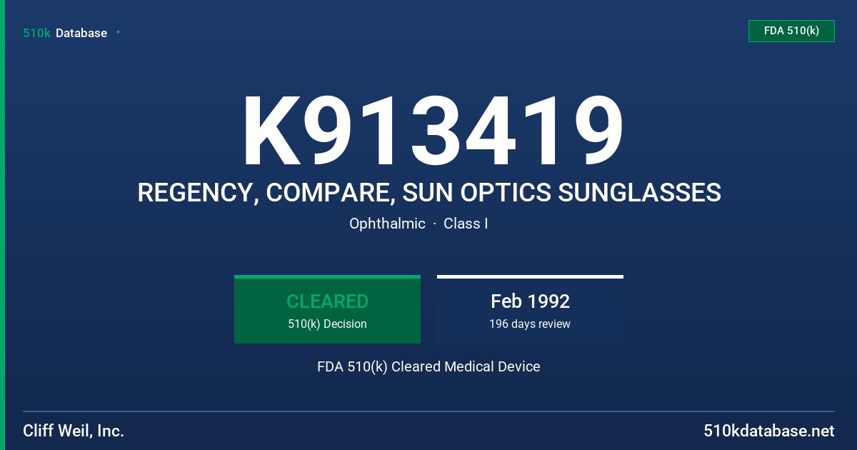 K913419 REGENCY, COMPARE, SUN OPTICS SUNGLASSES FDA 510(k) Cleared Medical Device