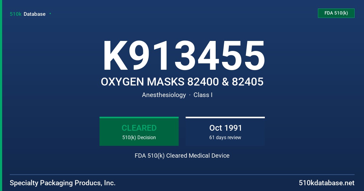 K913455 OXYGEN MASKS 82400 & 82405 FDA 510(k) Cleared Medical Device