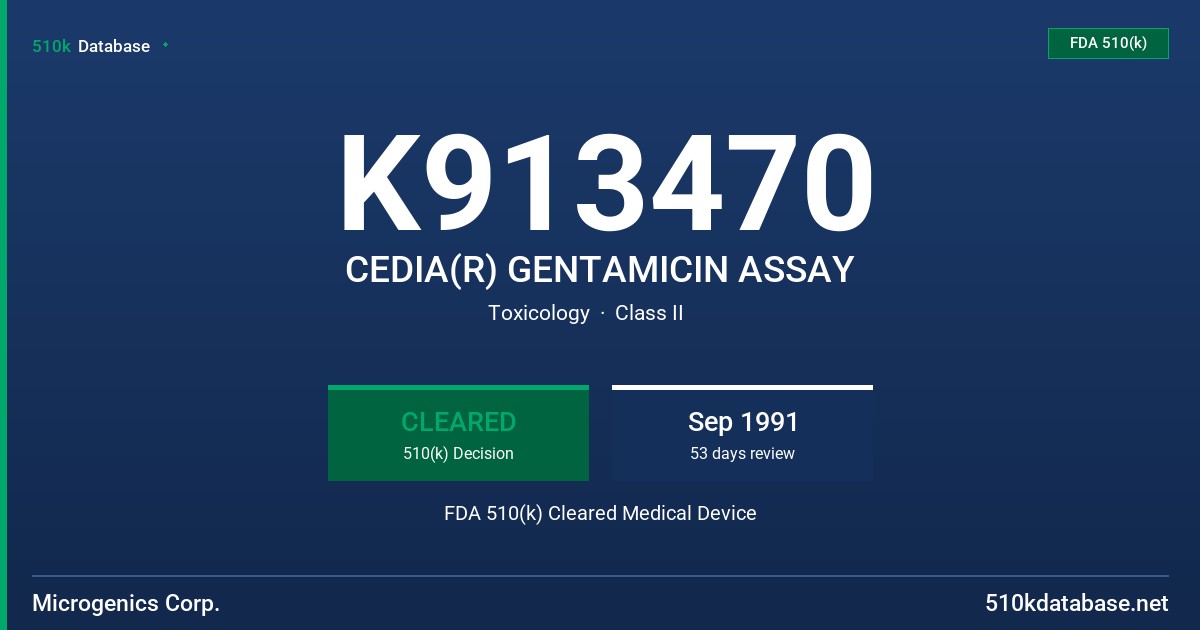 K913470 CEDIA(R) GENTAMICIN ASSAY FDA 510(k) Cleared Medical Device