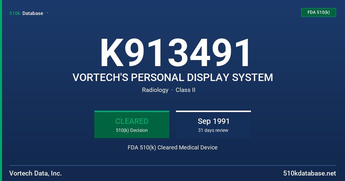K913491 VORTECH'S PERSONAL DISPLAY SYSTEM FDA 510(k) Cleared Medical Device