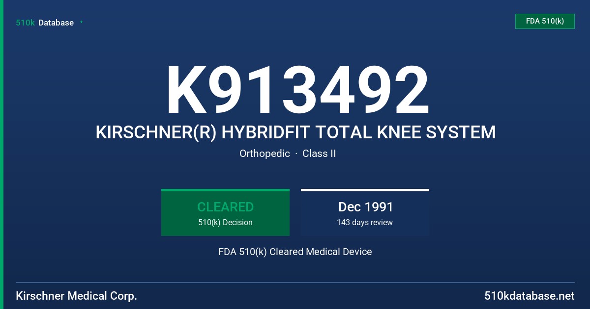 K913492 KIRSCHNER(R) HYBRIDFIT TOTAL KNEE SYSTEM FDA 510(k) Cleared Medical Device