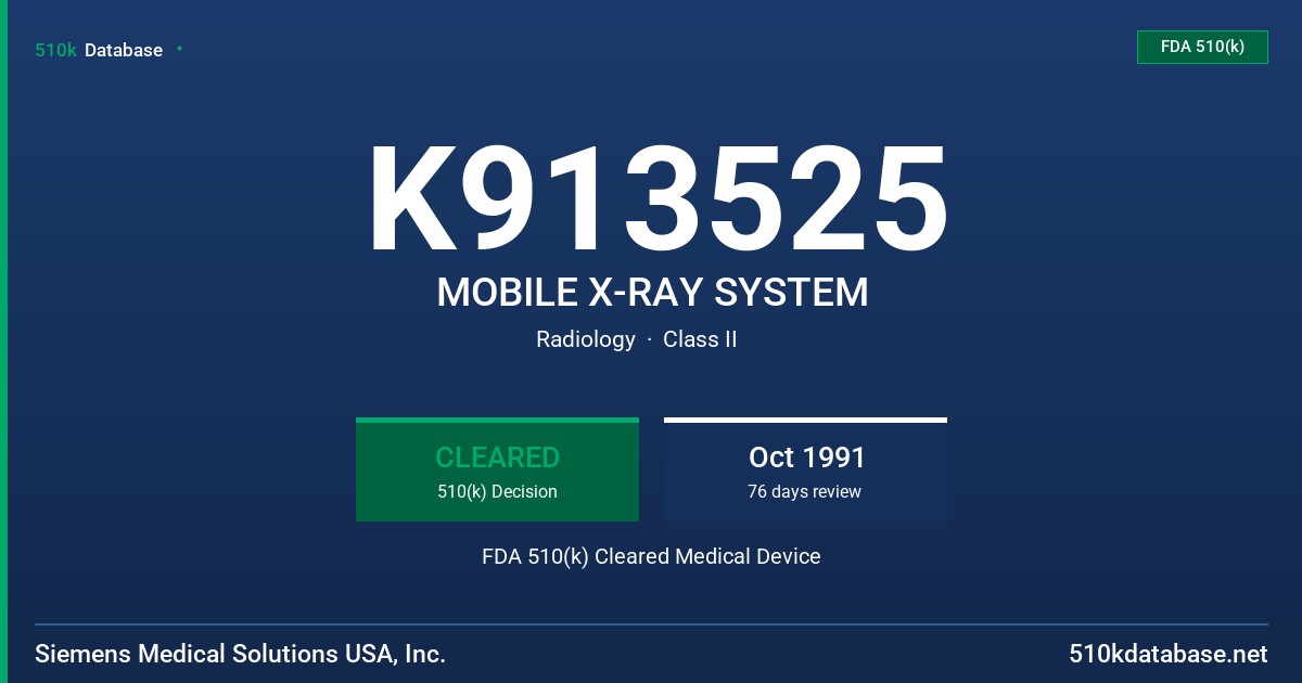 K913525 MOBILE X-RAY SYSTEM FDA 510(k) Cleared Medical Device