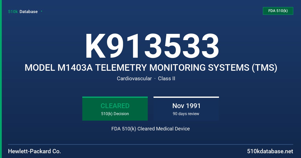 K913533 MODEL M1403A TELEMETRY MONITORING SYSTEMS (TMS) FDA 510(k) Cleared Medical Device