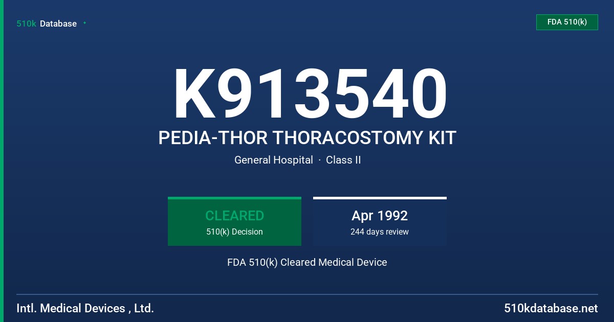 K913540 PEDIA-THOR THORACOSTOMY KIT FDA 510(k) Cleared Medical Device