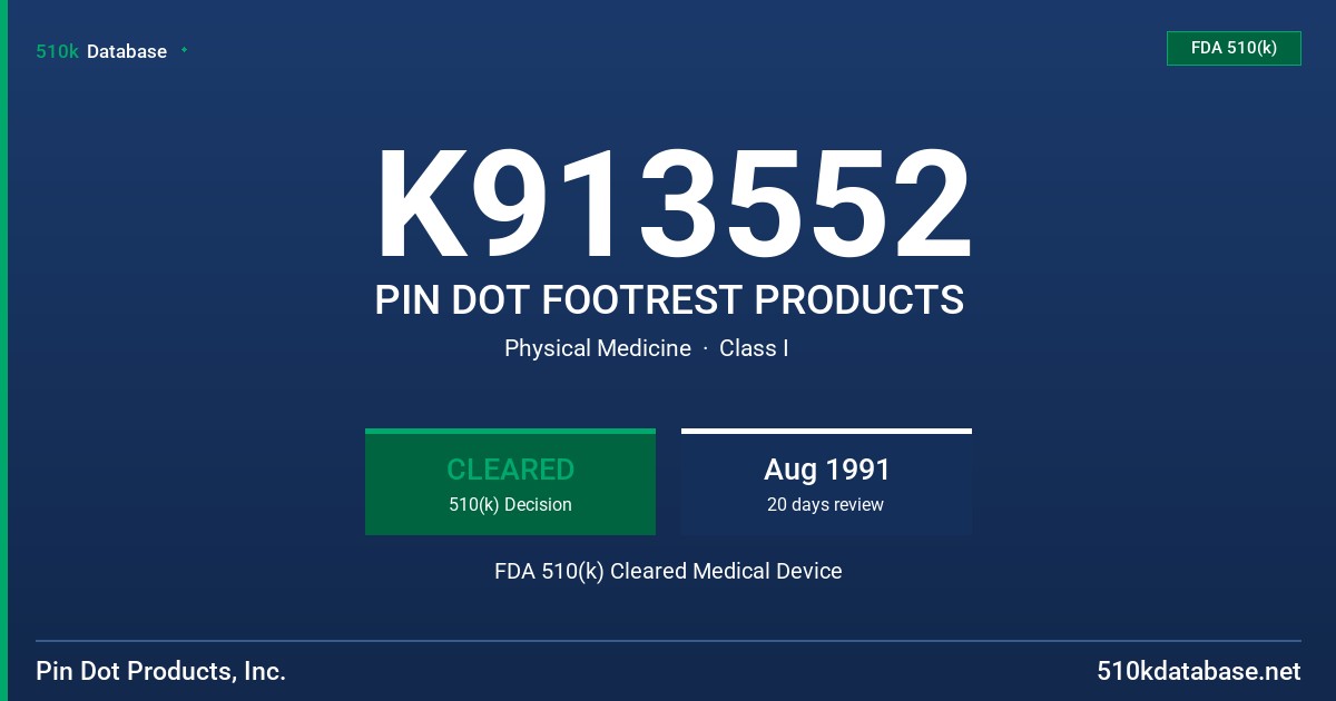 K913552 PIN DOT FOOTREST PRODUCTS FDA 510(k) Cleared Medical Device