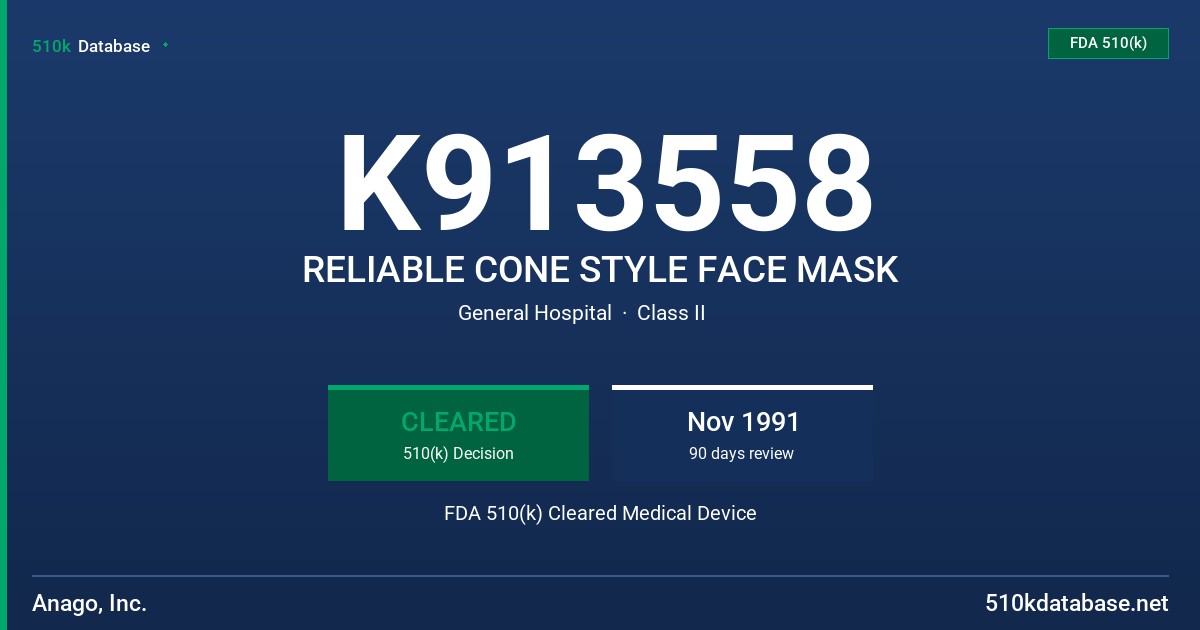 K913558 RELIABLE CONE STYLE FACE MASK FDA 510(k) Cleared Medical Device