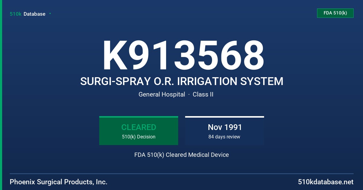 K913568 SURGI-SPRAY O.R. IRRIGATION SYSTEM FDA 510(k) Cleared Medical Device