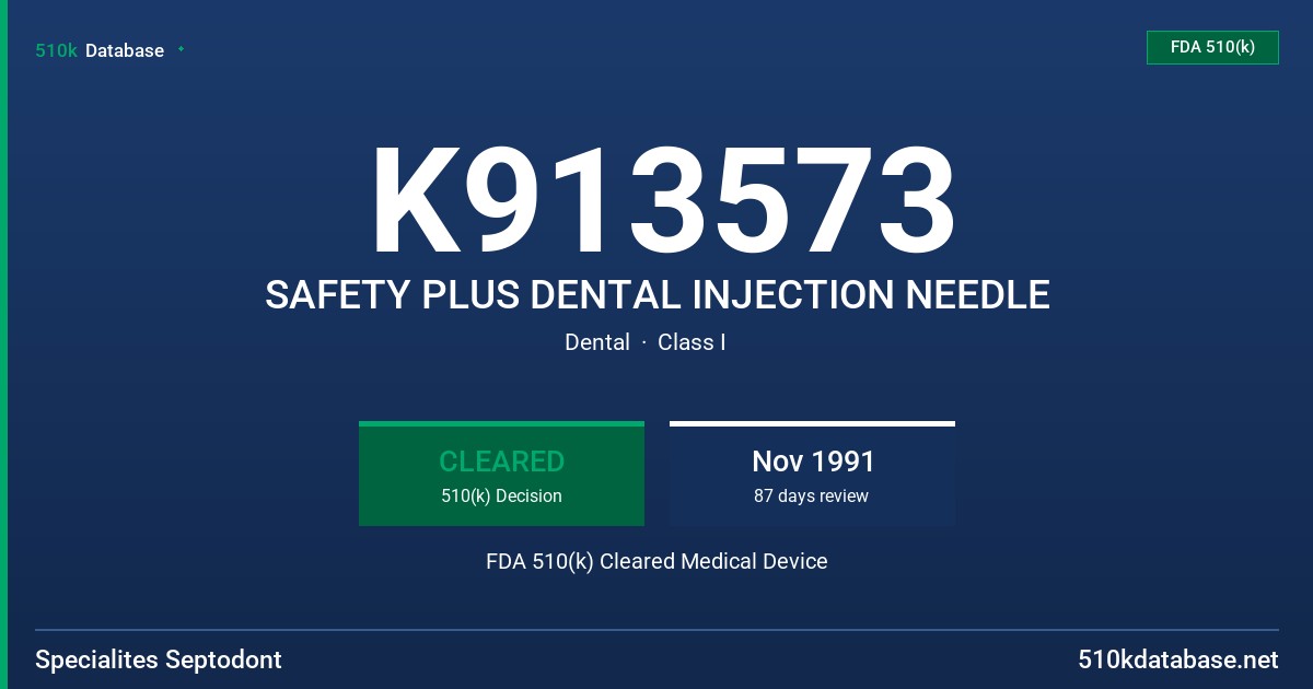 K913573 SAFETY PLUS DENTAL INJECTION NEEDLE FDA 510(k) Cleared Medical Device