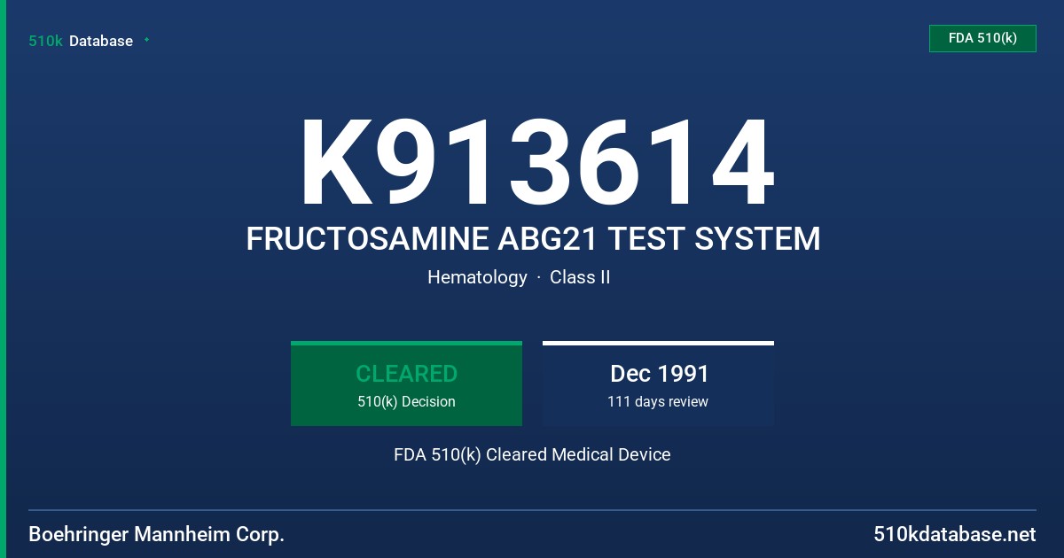 K913614 FRUCTOSAMINE ABG21 TEST SYSTEM FDA 510(k) Cleared Medical Device