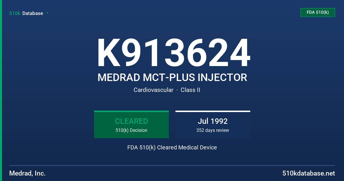 K913624 MEDRAD MCT-PLUS INJECTOR FDA 510(k) Cleared Medical Device