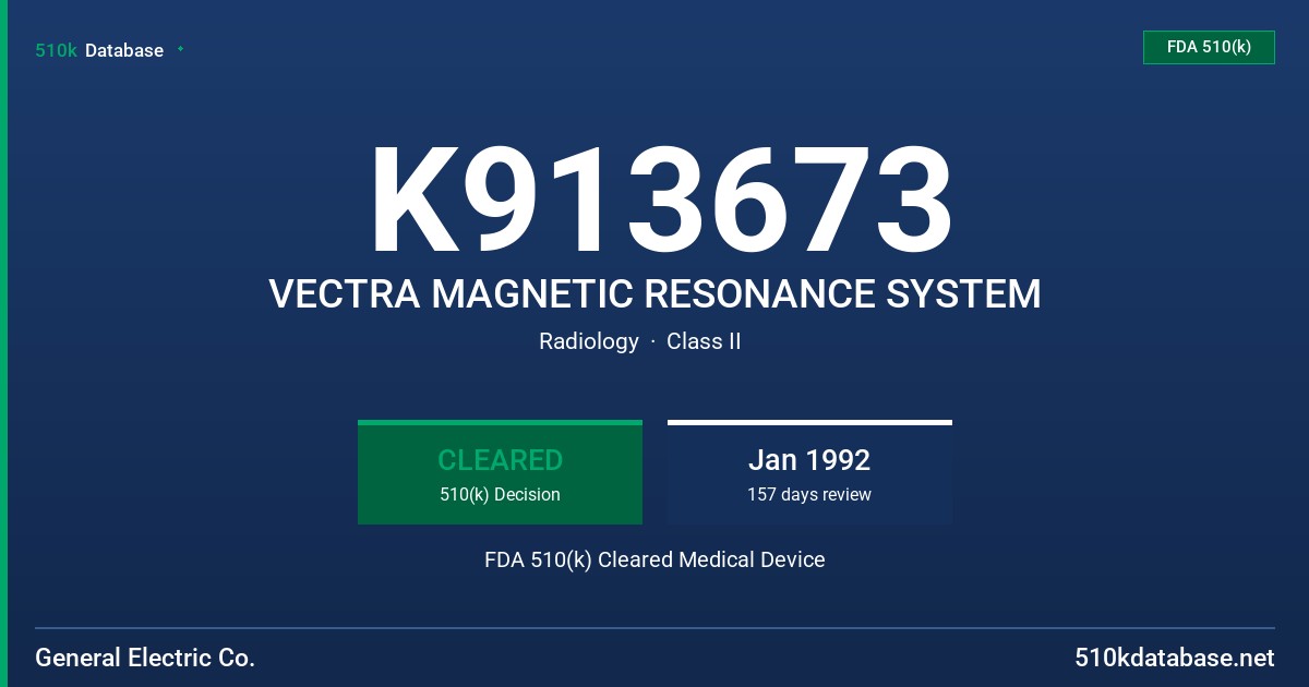 K913673 VECTRA MAGNETIC RESONANCE SYSTEM FDA 510(k) Cleared Medical Device