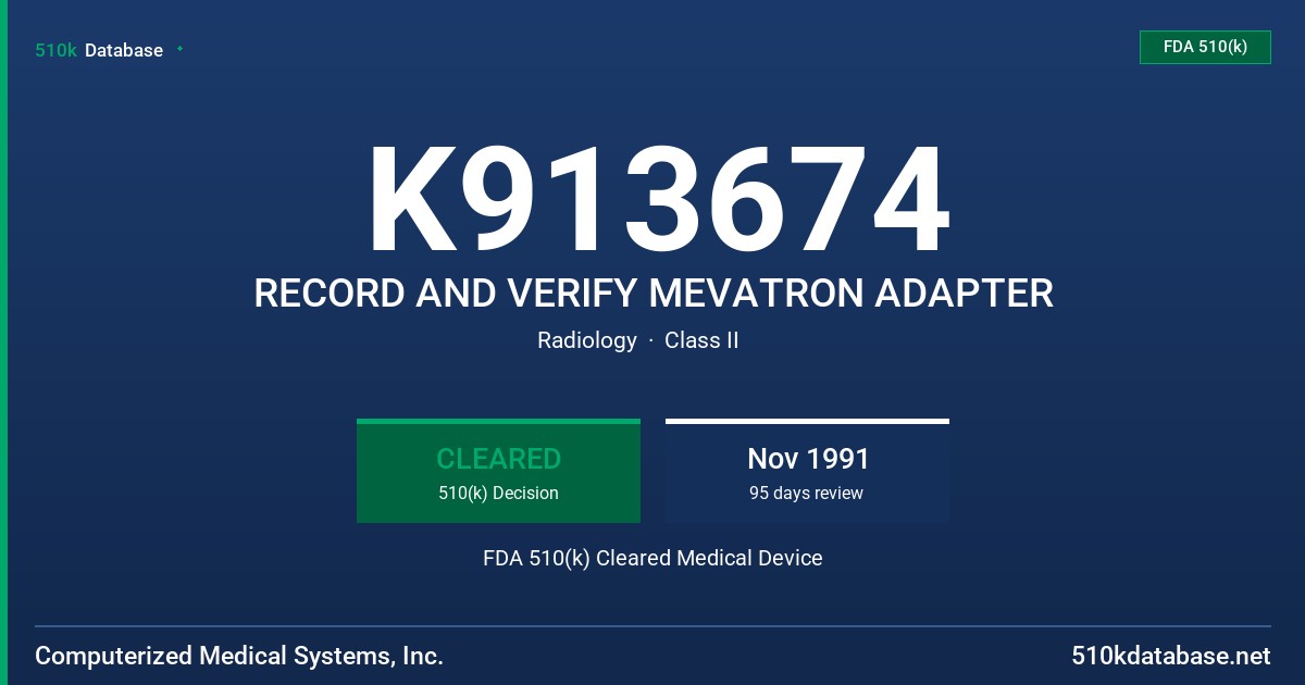 K913674 RECORD AND VERIFY MEVATRON ADAPTER FDA 510(k) Cleared Medical Device