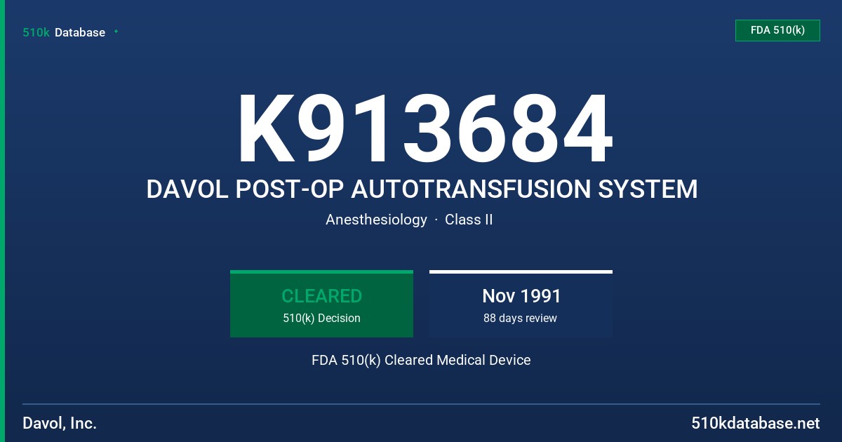 K913684 DAVOL POST-OP AUTOTRANSFUSION SYSTEM FDA 510(k) Cleared Medical Device