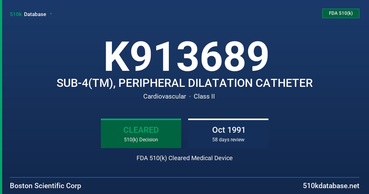 K913689 SUB-4(TM), PERIPHERAL DILATATION CATHETER FDA 510(k) Cleared Medical Device