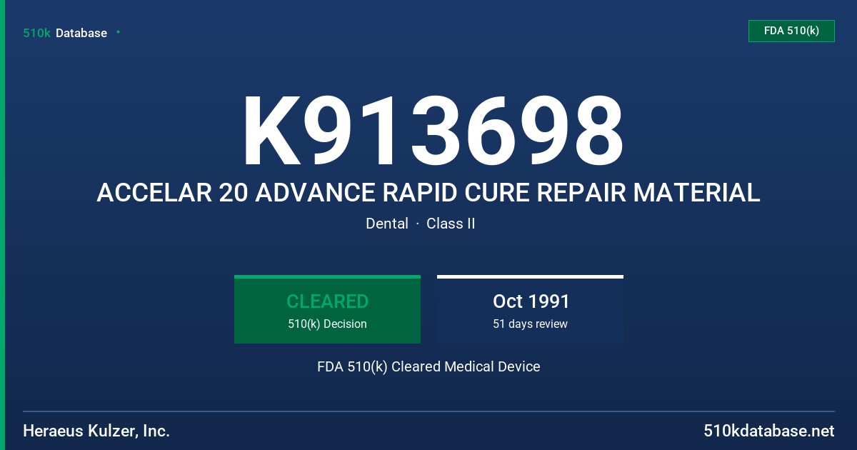K913698 ACCELAR 20 ADVANCE RAPID CURE REPAIR MATERIAL FDA 510(k) Cleared Medical Device