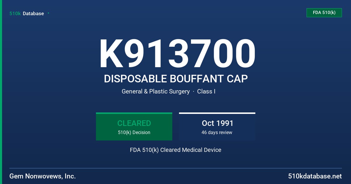 K913700 DISPOSABLE BOUFFANT CAP FDA 510(k) Cleared Medical Device