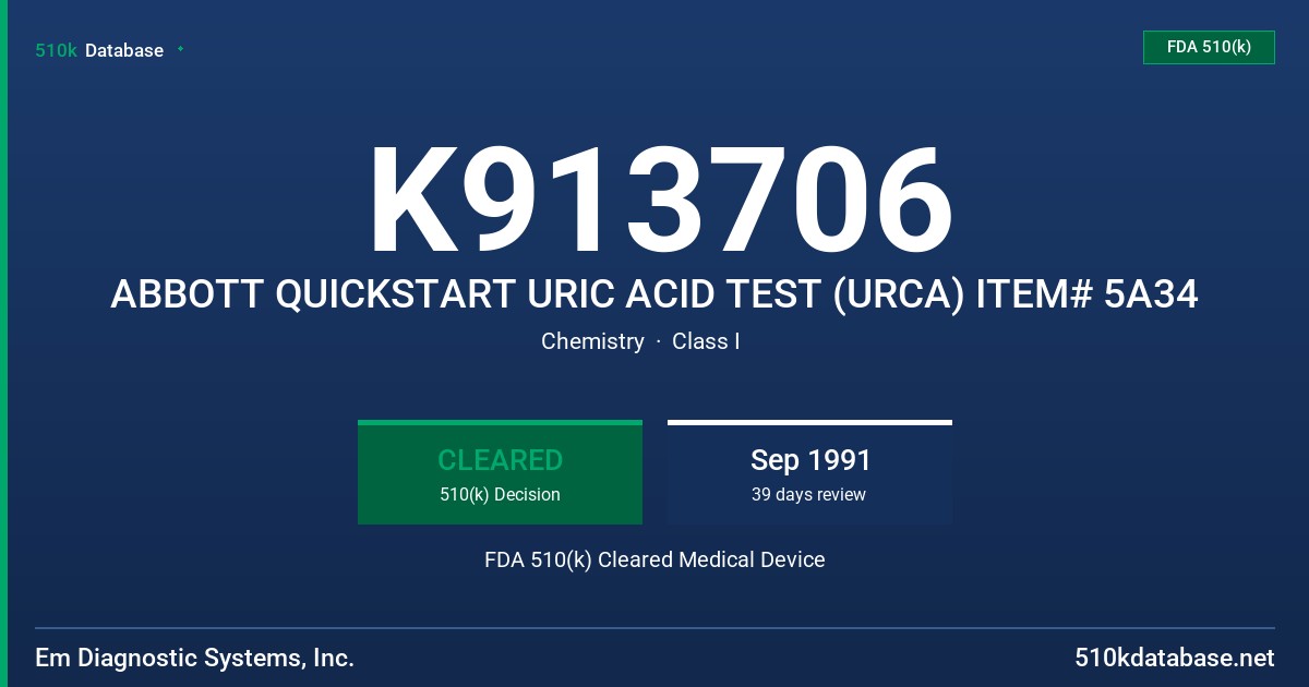 K913706 ABBOTT QUICKSTART URIC ACID TEST (URCA) ITEM# 5A34 FDA 510(k) Cleared Medical Device
