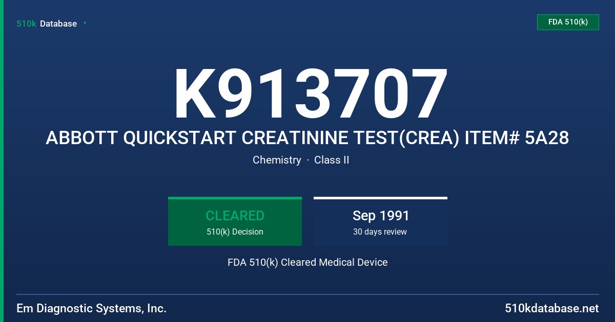 K913707 ABBOTT QUICKSTART CREATININE TEST(CREA) ITEM# 5A28 FDA 510(k) Cleared Medical Device