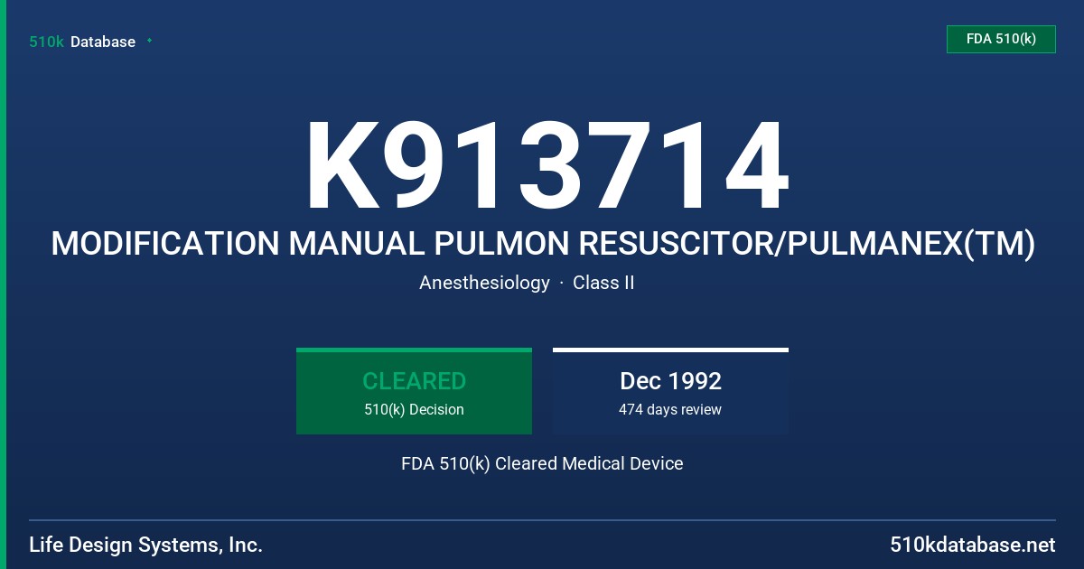 K913714 MODIFICATION MANUAL PULMON RESUSCITOR/PULMANEX(TM) FDA 510(k) Cleared Medical Device