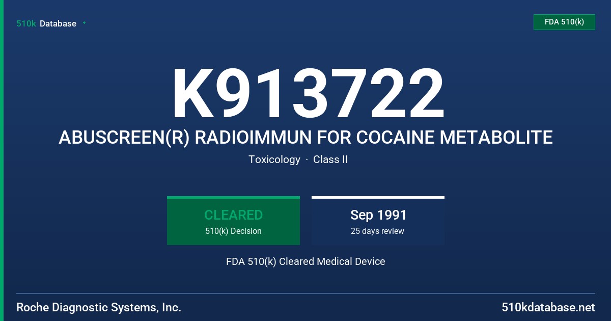 K913722 ABUSCREEN(R) RADIOIMMUN FOR COCAINE METABOLITE FDA 510(k) Cleared Medical Device