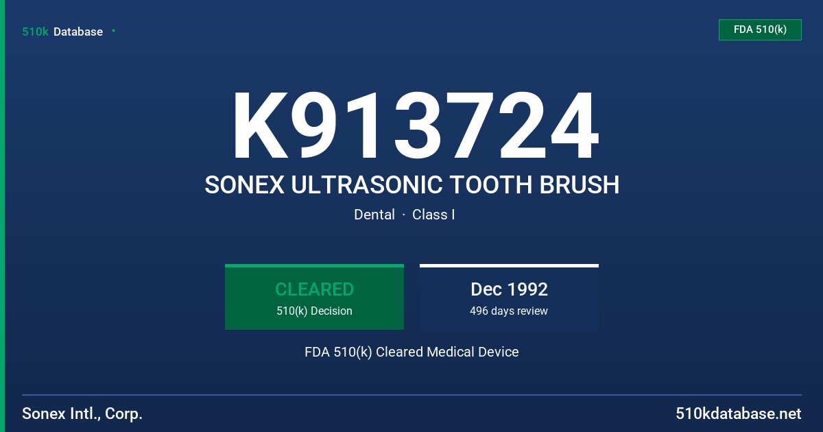 K913724 SONEX ULTRASONIC TOOTH BRUSH FDA 510(k) Cleared Medical Device