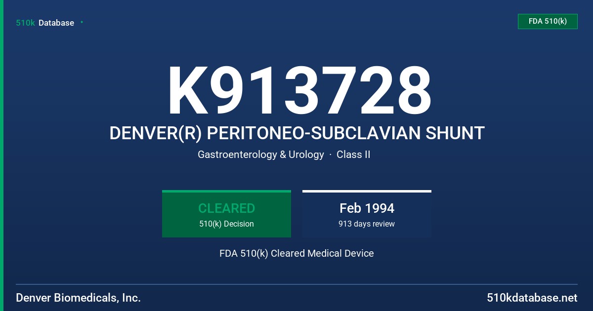 K913728 DENVER(R) PERITONEO-SUBCLAVIAN SHUNT FDA 510(k) Cleared Medical Device