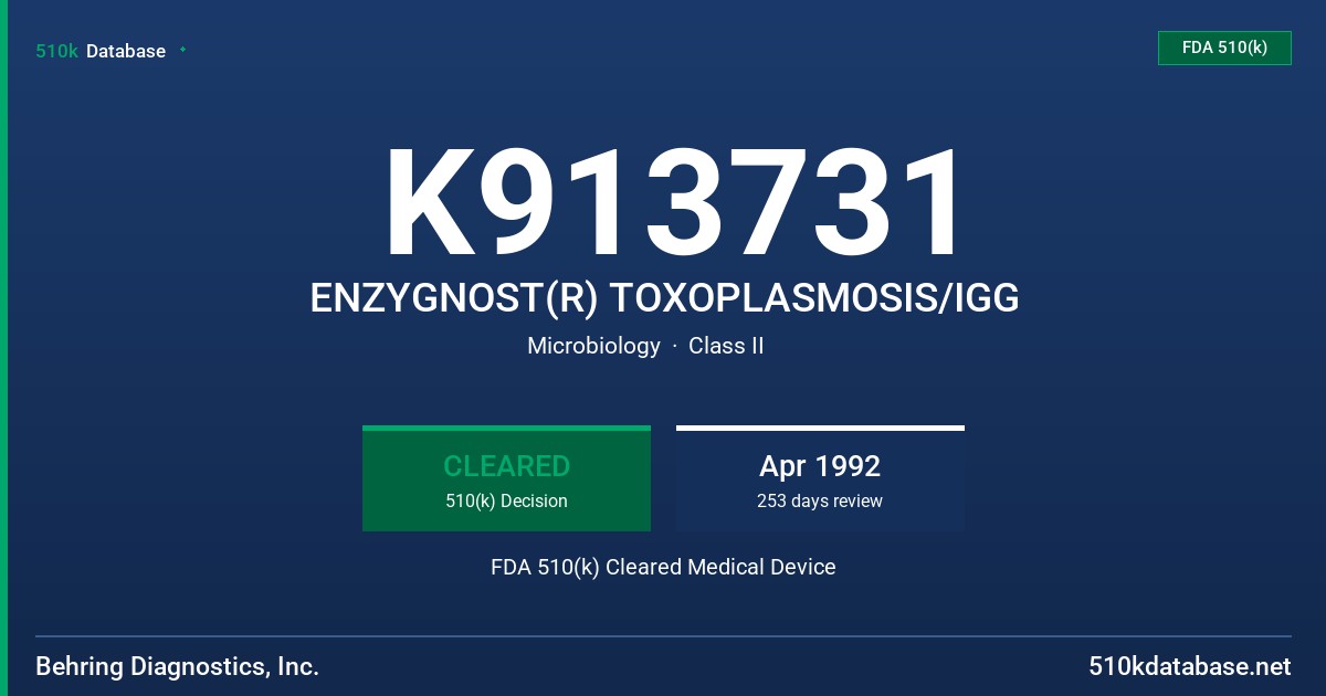 K913731 ENZYGNOST(R) TOXOPLASMOSIS/IGG FDA 510(k) Cleared Medical Device