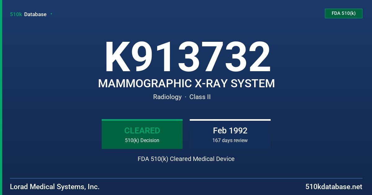 K913732 MAMMOGRAPHIC X-RAY SYSTEM FDA 510(k) Cleared Medical Device