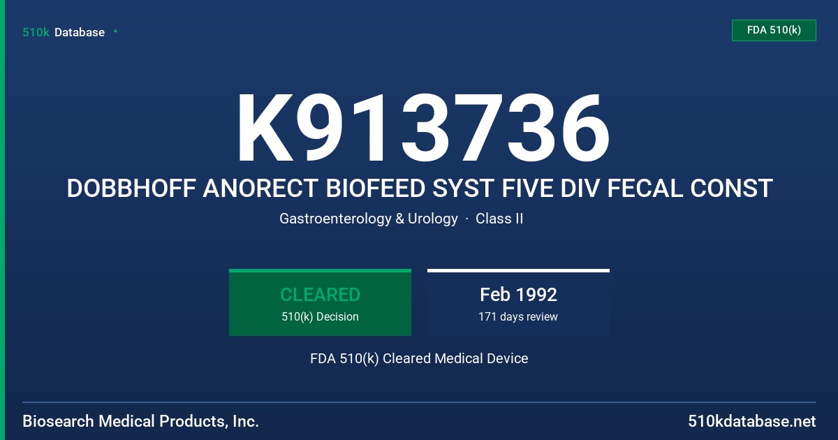 K913736 DOBBHOFF ANORECT BIOFEED SYST FIVE DIV FECAL CONST FDA 510(k) Cleared Medical Device