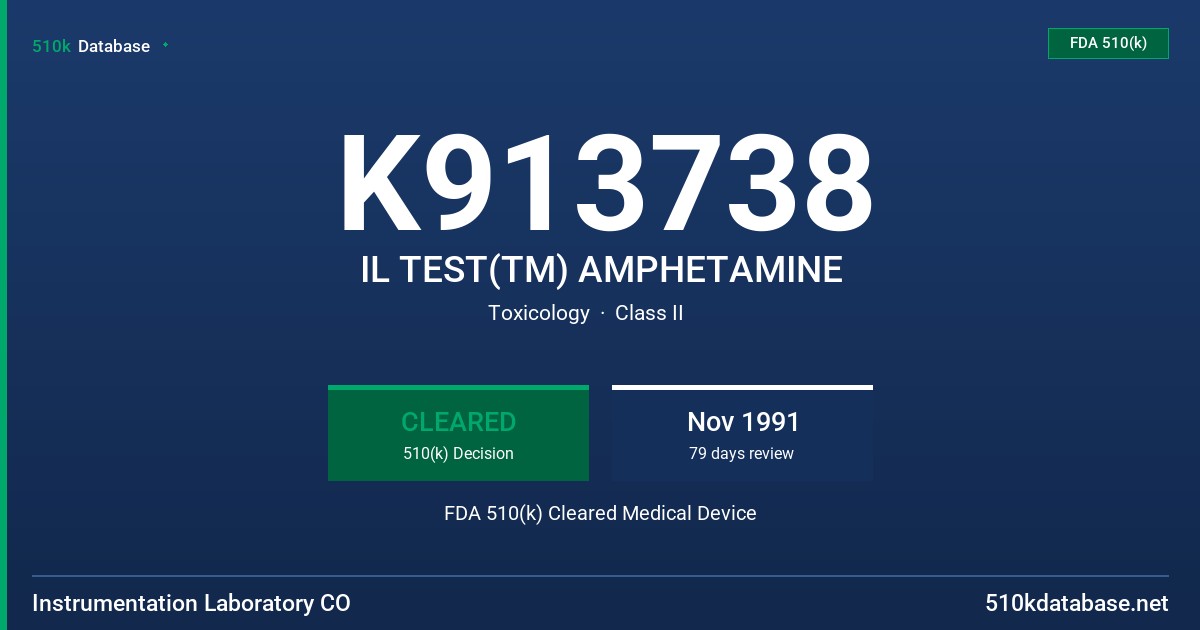 K913738 IL TEST(TM) AMPHETAMINE FDA 510(k) Cleared Medical Device