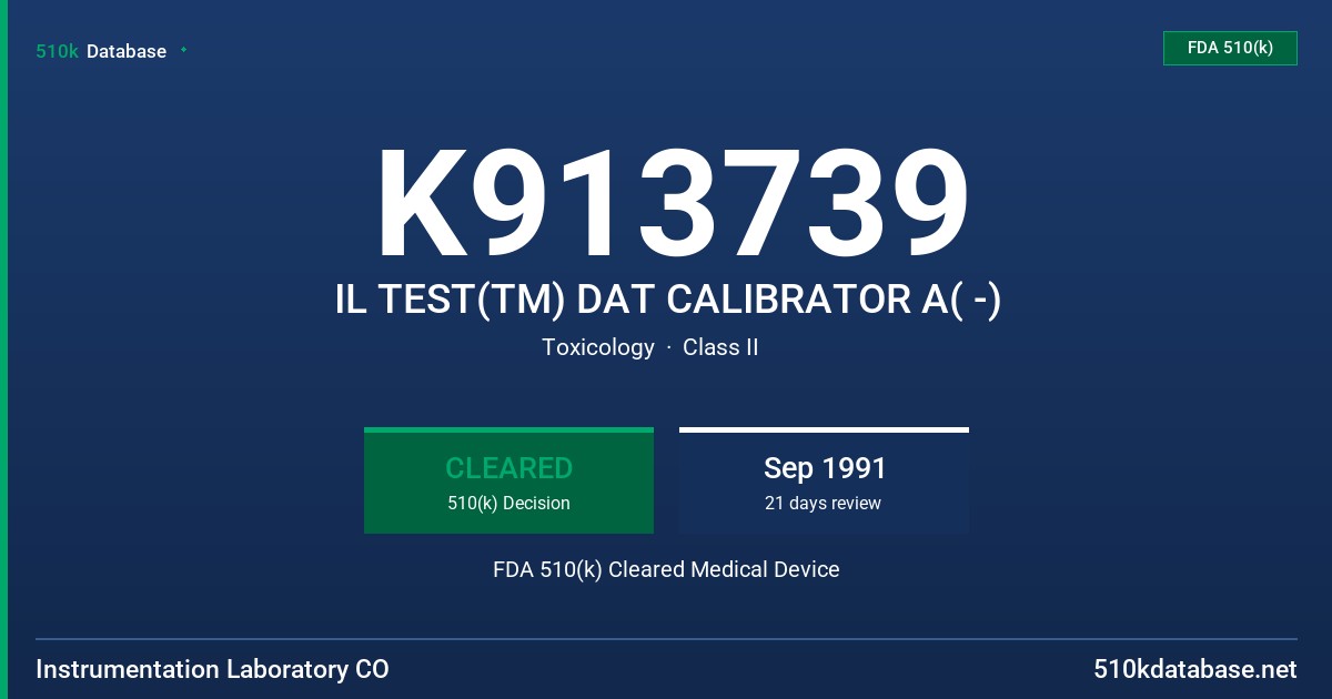 K913739 IL TEST(TM) DAT CALIBRATOR A( -) FDA 510(k) Cleared Medical Device
