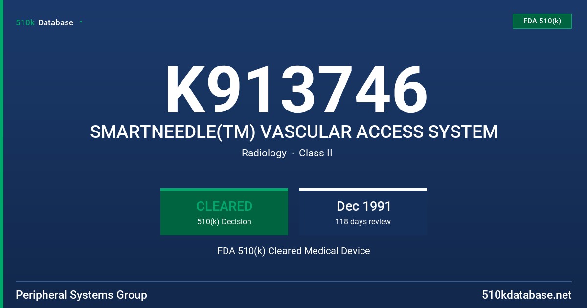 K913746 SMARTNEEDLE(TM) VASCULAR ACCESS SYSTEM FDA 510(k) Cleared Medical Device