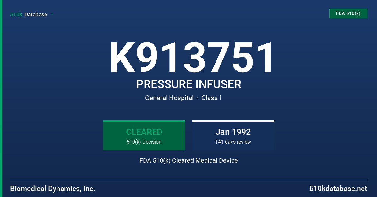 K913751 PRESSURE INFUSER FDA 510(k) Cleared Medical Device