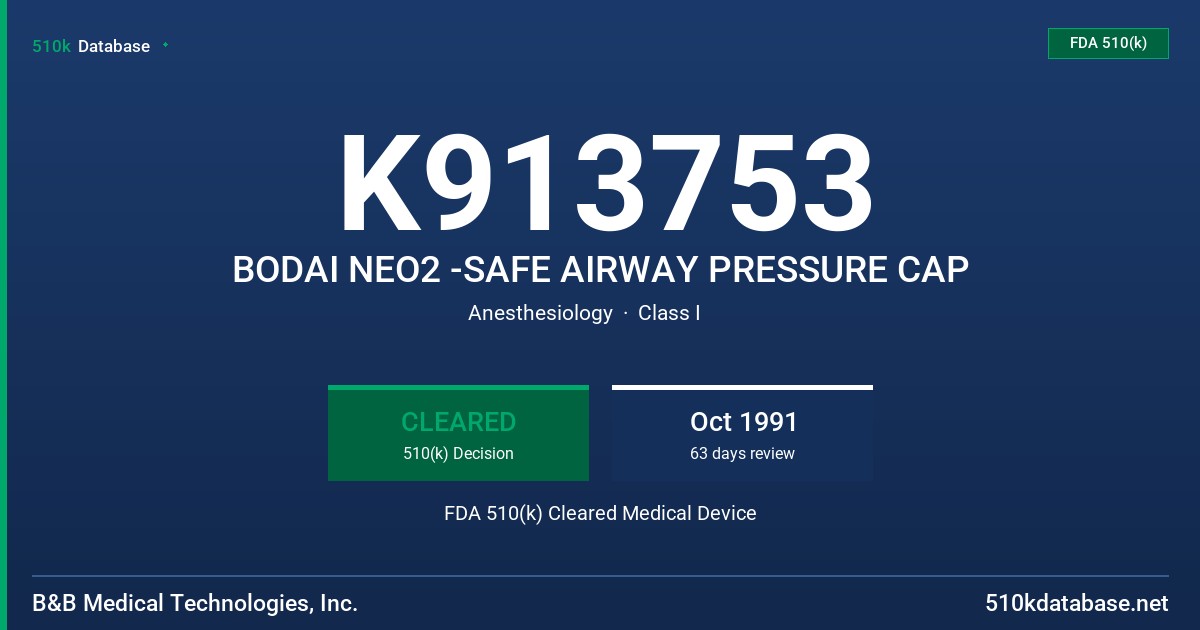 K913753 BODAI NEO2 -SAFE AIRWAY PRESSURE CAP FDA 510(k) Cleared Medical Device