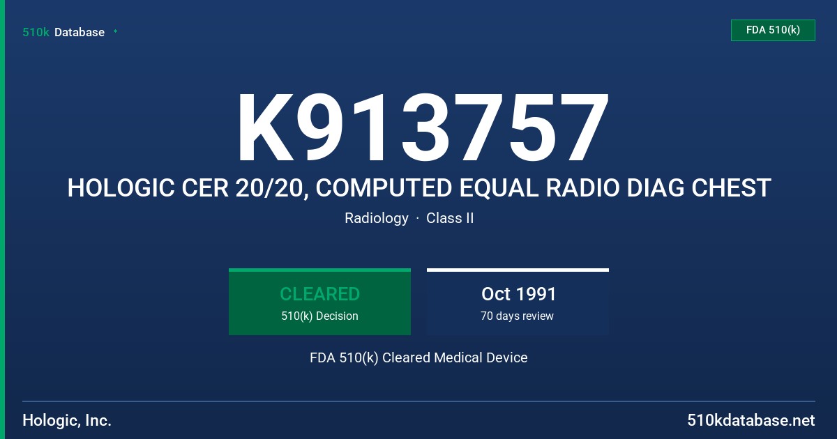 K913757 HOLOGIC CER 20/20, COMPUTED EQUAL RADIO DIAG CHEST FDA 510(k) Cleared Medical Device