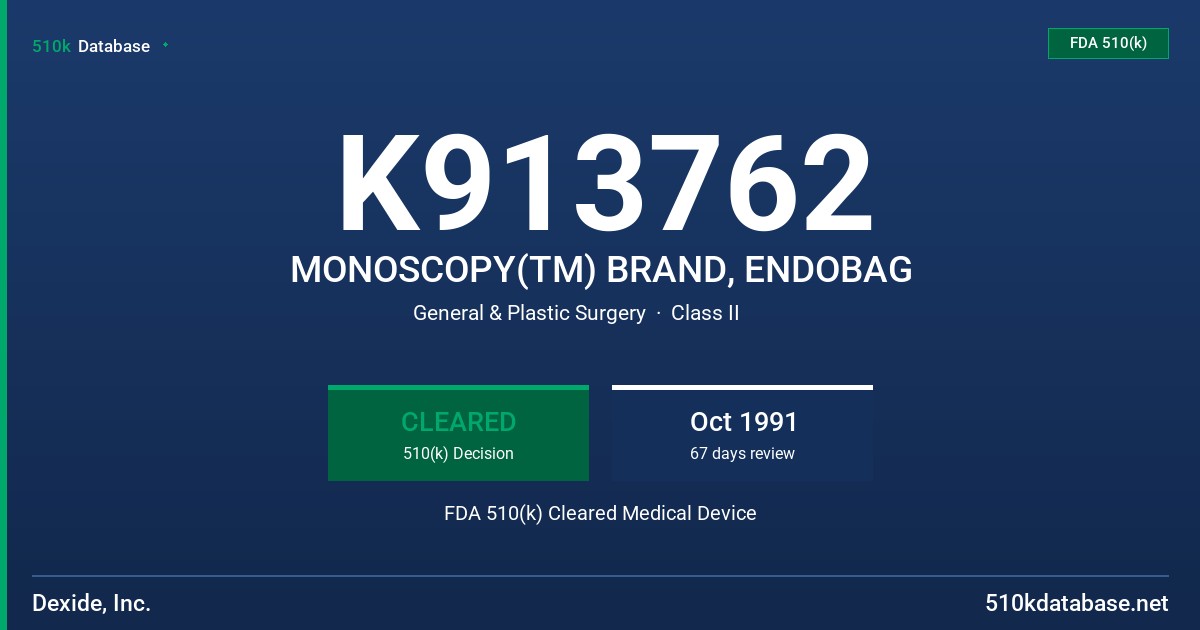 K913762 MONOSCOPY(TM) BRAND, ENDOBAG FDA 510(k) Cleared Medical Device