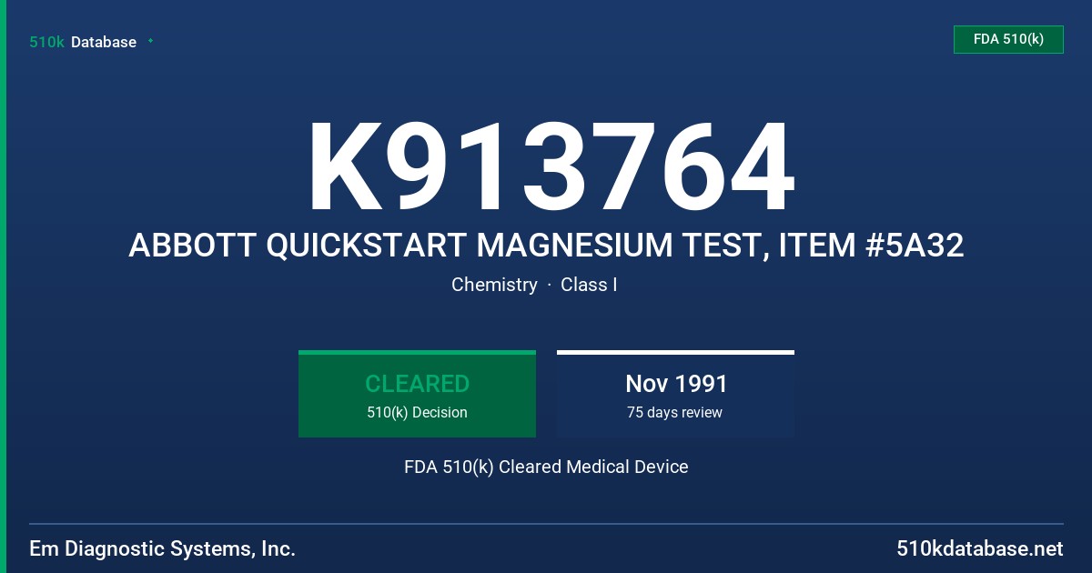 K913764 ABBOTT QUICKSTART MAGNESIUM TEST, ITEM #5A32 FDA 510(k) Cleared Medical Device