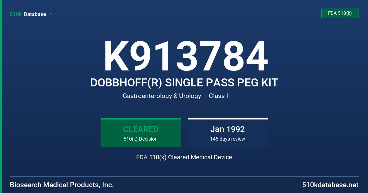 K913784 DOBBHOFF(R) SINGLE PASS PEG KIT FDA 510(k) Cleared Medical Device