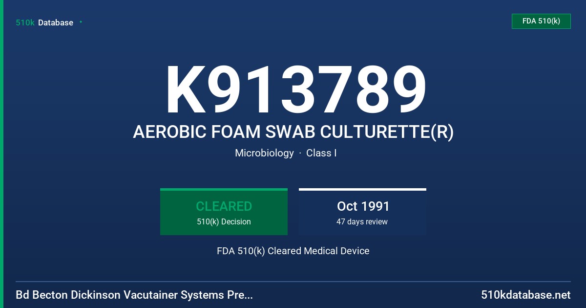 K913789 AEROBIC FOAM SWAB CULTURETTE(R) FDA 510(k) Cleared Medical Device
