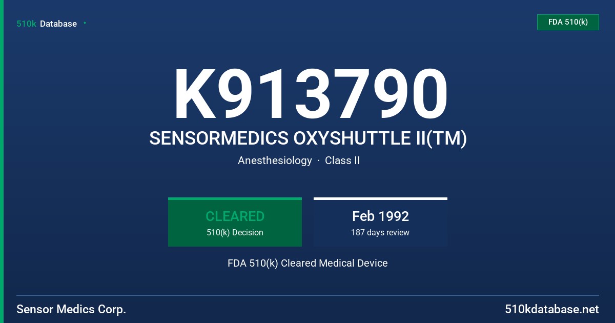 K913790 SENSORMEDICS OXYSHUTTLE II(TM) FDA 510(k) Cleared Medical Device