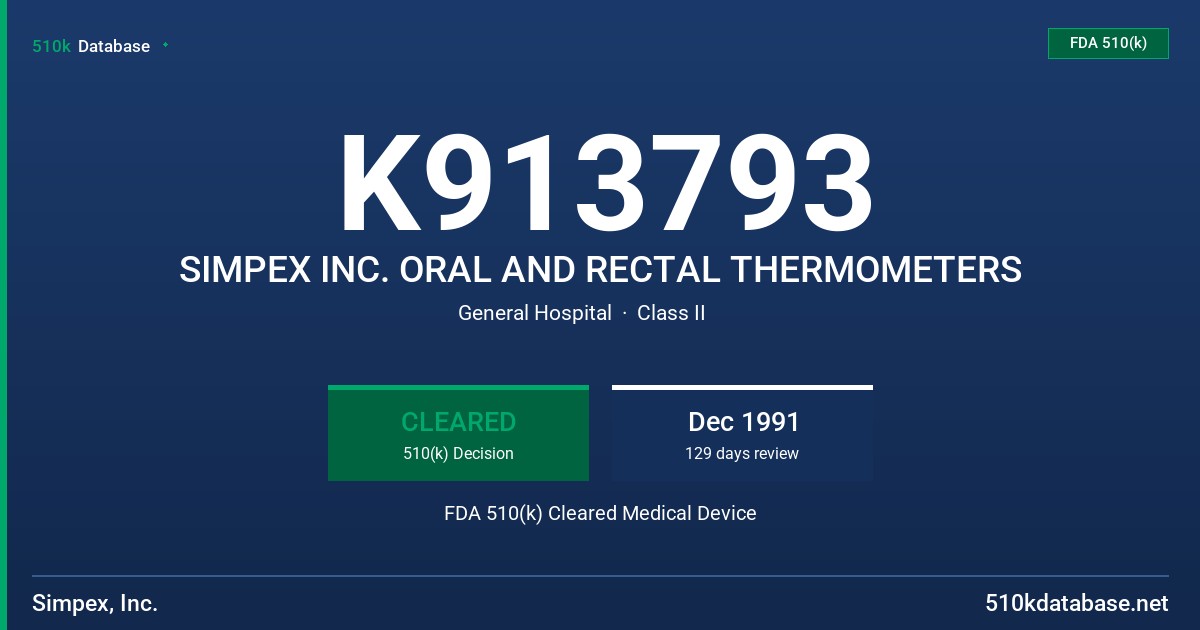 K913793 SIMPEX INC. ORAL AND RECTAL THERMOMETERS FDA 510(k) Cleared Medical Device