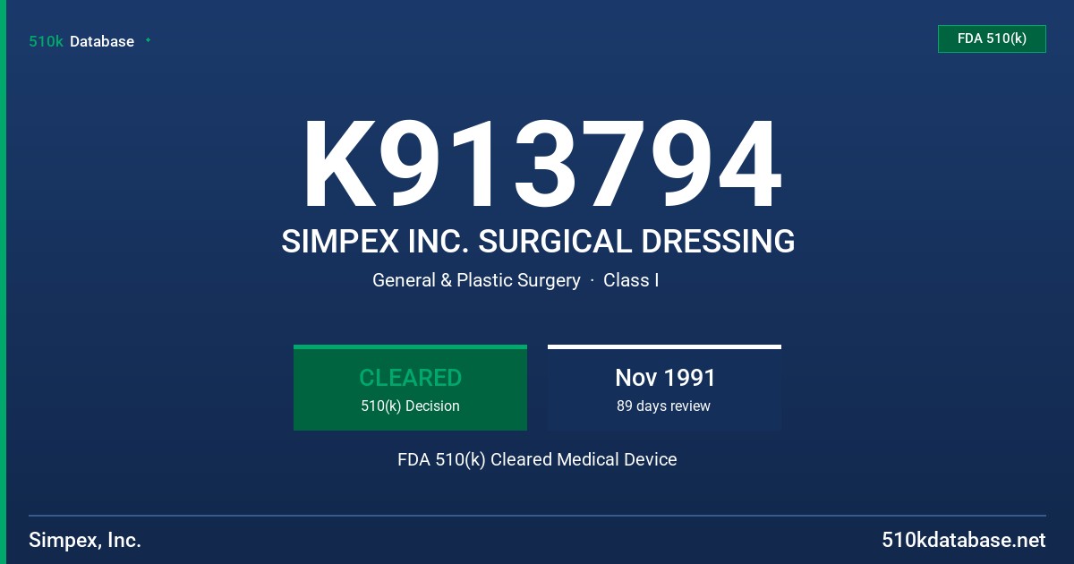 K913794 SIMPEX INC. SURGICAL DRESSING FDA 510(k) Cleared Medical Device