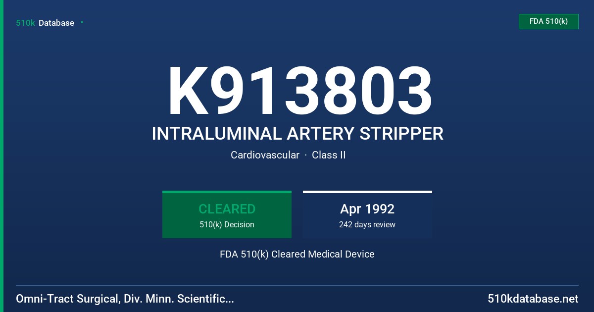 K913803 INTRALUMINAL ARTERY STRIPPER FDA 510(k) Cleared Medical Device