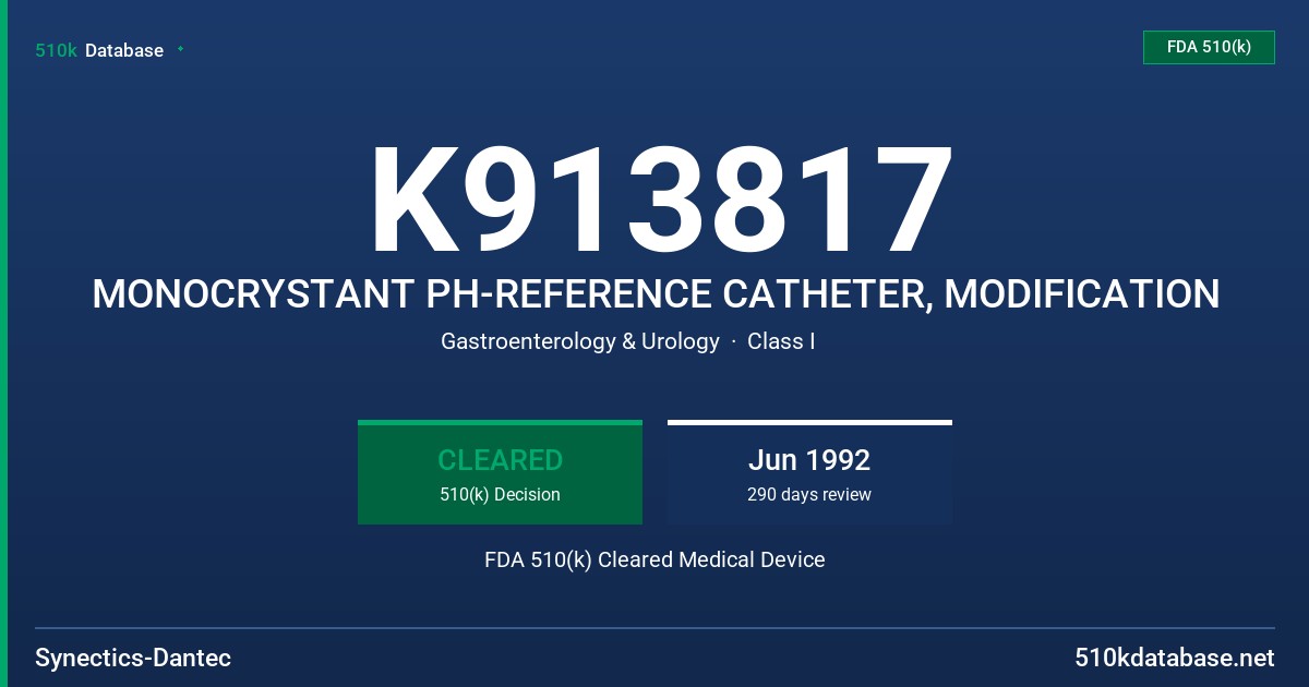 K913817 MONOCRYSTANT PH-REFERENCE CATHETER, MODIFICATION FDA 510(k) Cleared Medical Device