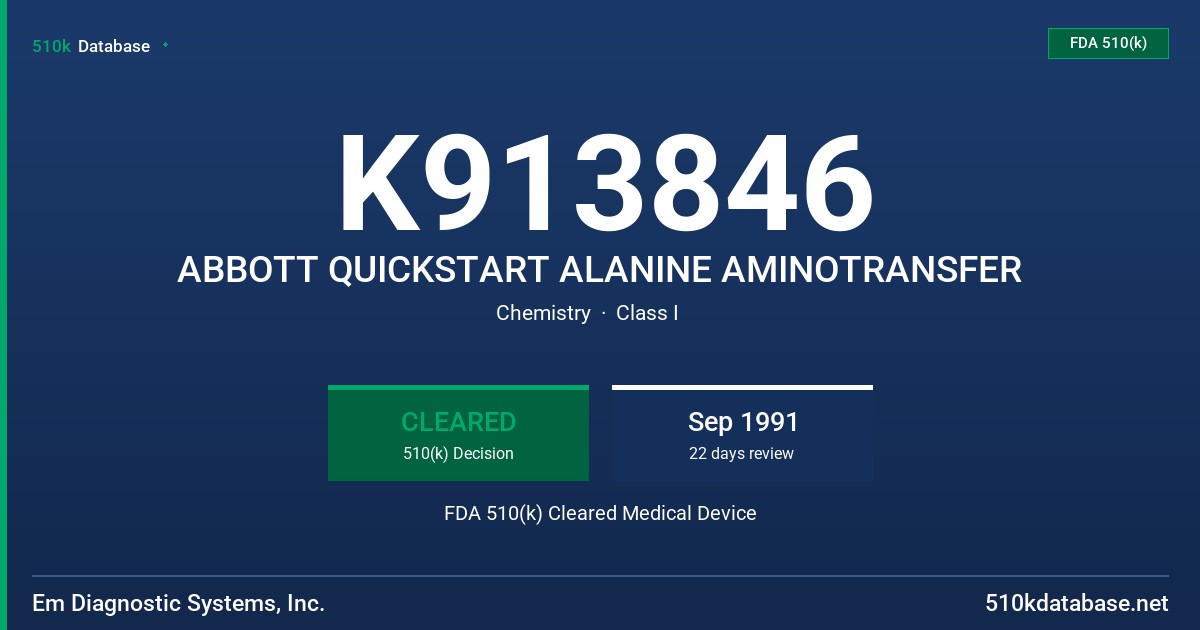 K913846 ABBOTT QUICKSTART ALANINE AMINOTRANSFER FDA 510(k) Cleared Medical Device