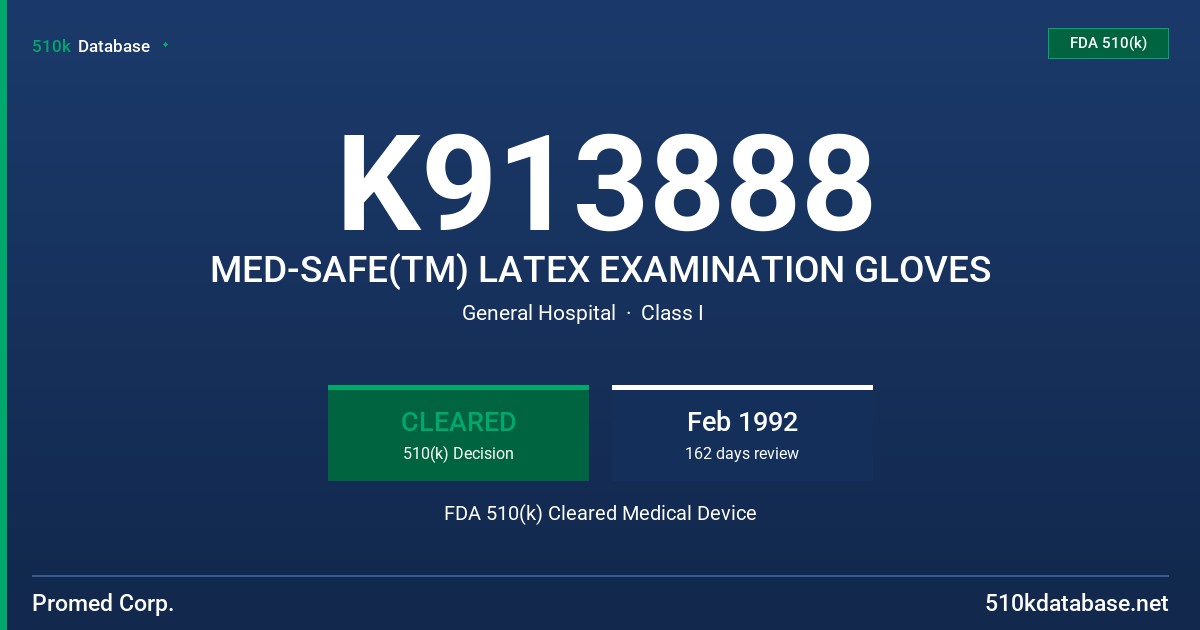 K913888 MED-SAFE(TM) LATEX EXAMINATION GLOVES FDA 510(k) Cleared Medical Device