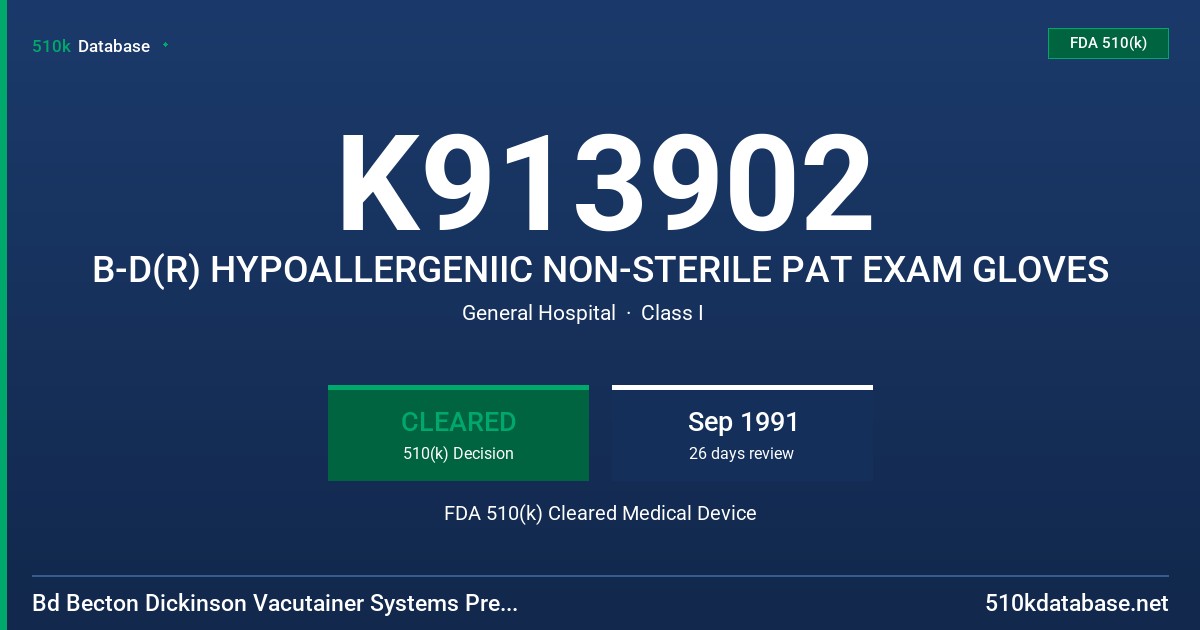 K913902 B-D(R) HYPOALLERGENIIC NON-STERILE PAT EXAM GLOVES FDA 510(k) Cleared Medical Device