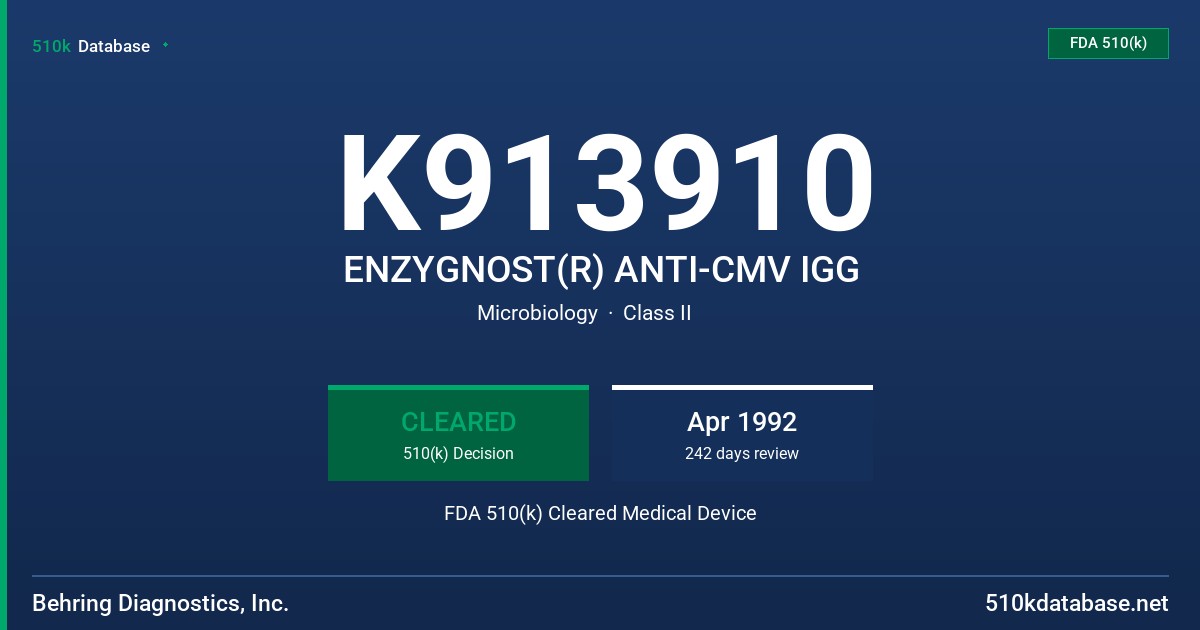K913910 ENZYGNOST(R) ANTI-CMV IGG FDA 510(k) Cleared Medical Device